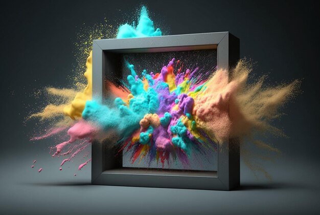 Product display frame with colorful powder paint explosion Generative AI