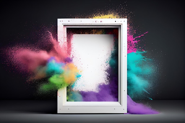 Product display frame with colorful powder paint explosion Generative ai