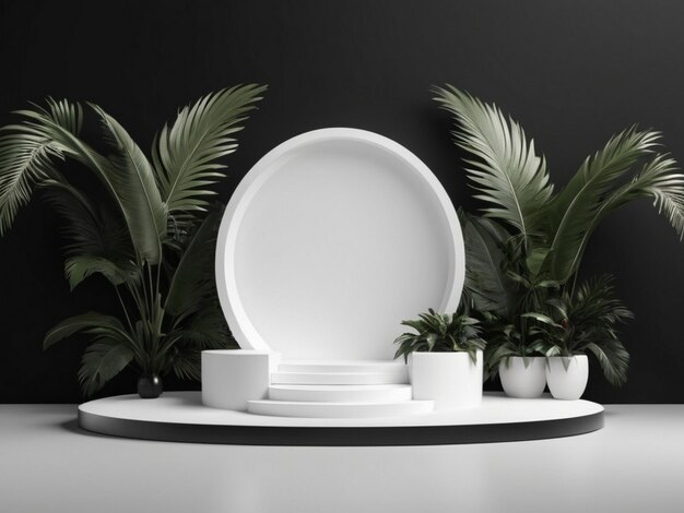 Product display mockup podium with palm leaves 3d rendering