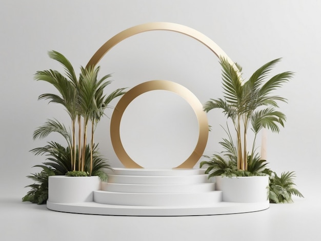 Product display mockup podium with palm leaves 3d rendering