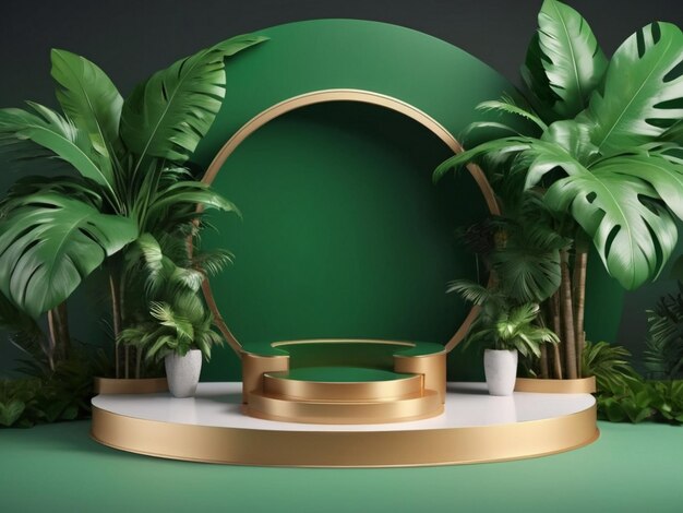 Product display mockup podium with palm leaves 3d rendering