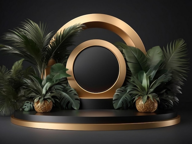 Product display mockup podium with palm leaves 3d rendering