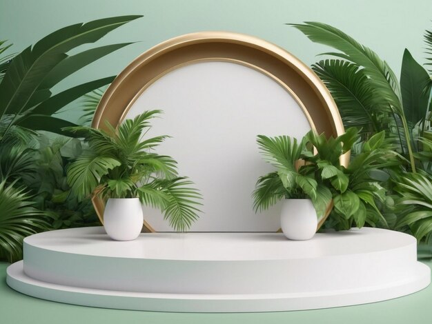 Product display mockup podium with palm leaves 3d rendering