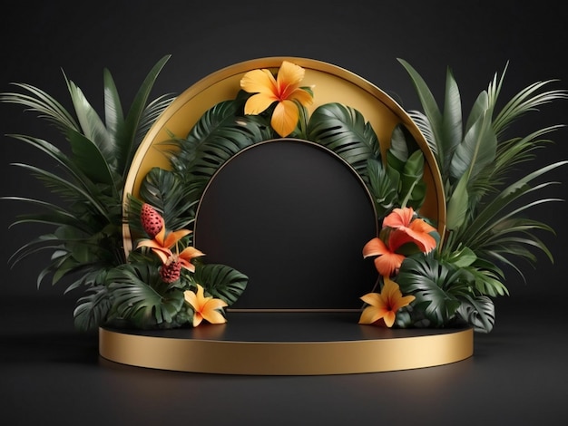 Product display mockup podium with palm leaves 3d rendering