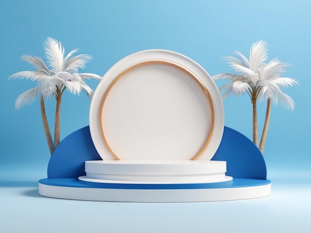 Product display mockup podium with palm leaves 3d rendering