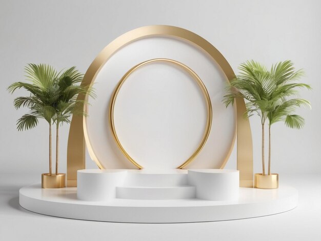 Product display mockup podium with palm leaves 3d rendering