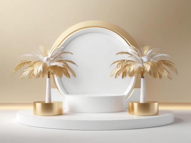 Product display mockup podium with palm leaves 3d rendering