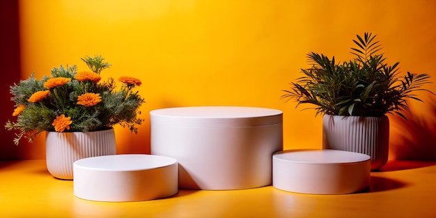 Product display platform against a yellow wall with plant decorations