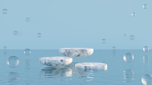 Product display platform floating on water surface 3D render illustration