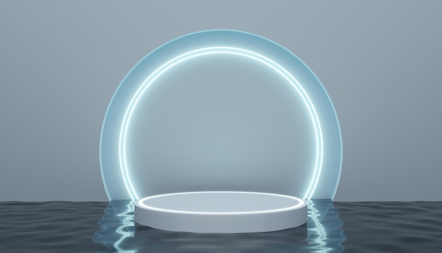 Product display podium glowing light on water 3D rendering