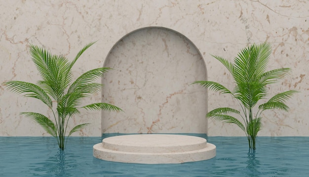 Product display podium on water with nature 3D rendering