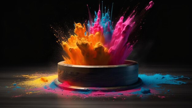 Product display podium with colorful powder paint Generative ai