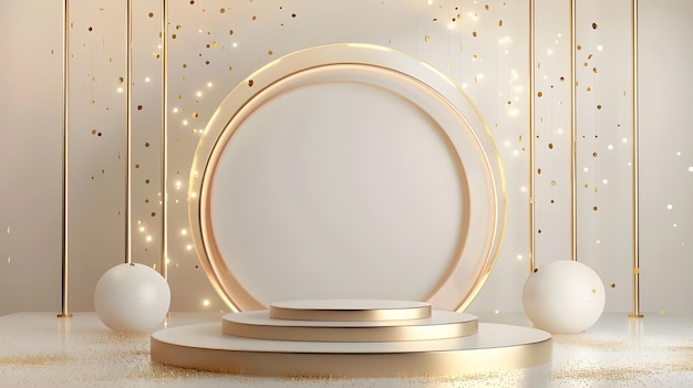 Product display podium with golden curve line element and decoration with glitter light effect luxury background