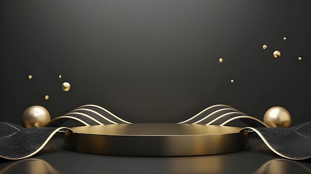 Product display podium with golden curve line element and decoration with glitter light effect luxury background