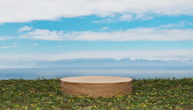 Product display podium with nature garden and sky 3D rendering