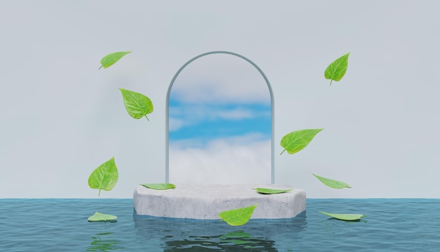 Product display podium with nature water and sky background 3D rendering