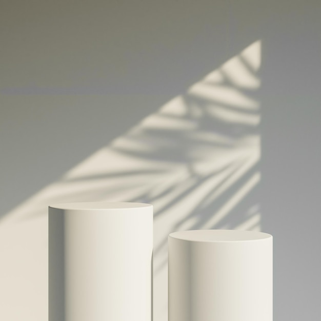 Product display podium with palm leaf shadow on pastel background