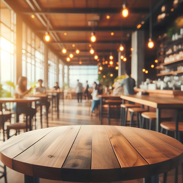 Product display potential with cafe blur and wood table