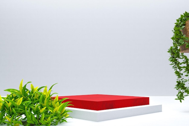 product display red and white stage with grass