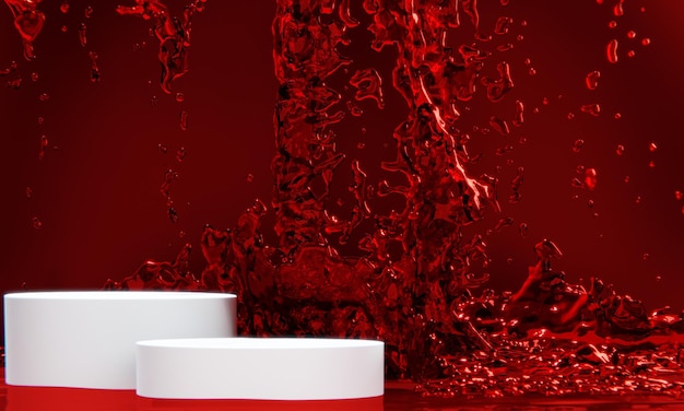 The product display stand and red water splashing on background