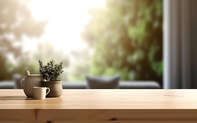 product display on table top and blurred living room background backdrop foreground generative ai