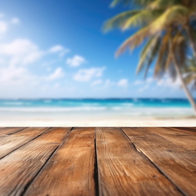 A product display with an empty wooden table on a blurred tropical beach background for summer holiday Generative AI