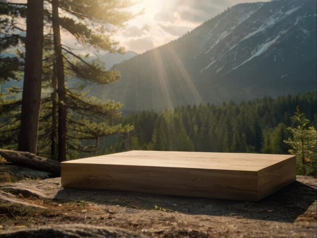 Photo product empty podium with mountain forest view on a sunny day