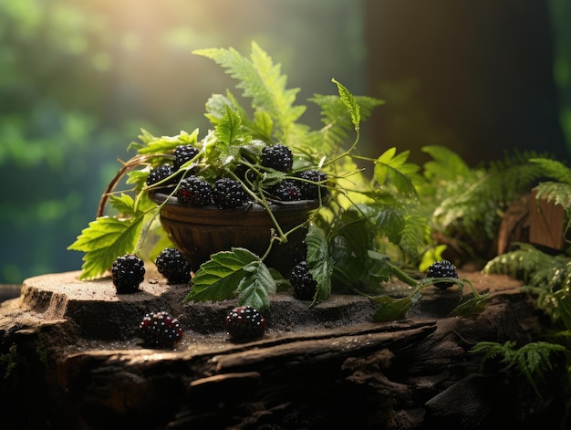 product forest background with berries and rocks