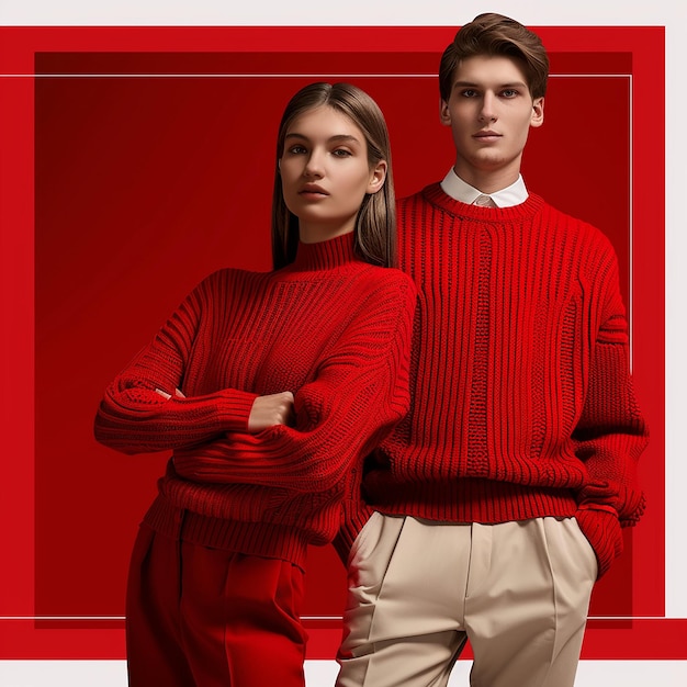 product landing page showing a fashion show with shirts and knitted sweaters red background artisti