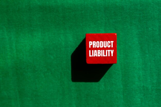 Photo product liability message written on red wooden cube with green background conceptual product liability symbol copy space