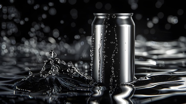 product mocap alluminium soft drink can empty surrounding liquid mercury chrome dark black futuri