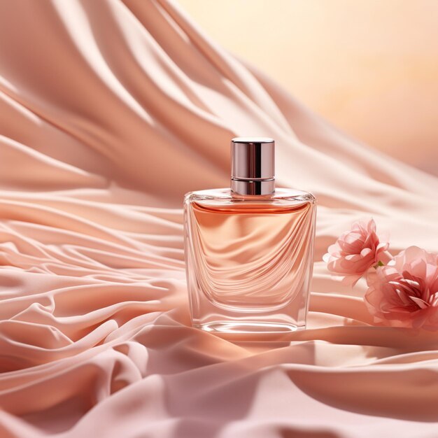 Product mockup for bottle of perfume on flowing abstract delicate cloth background Cosmetic mockup