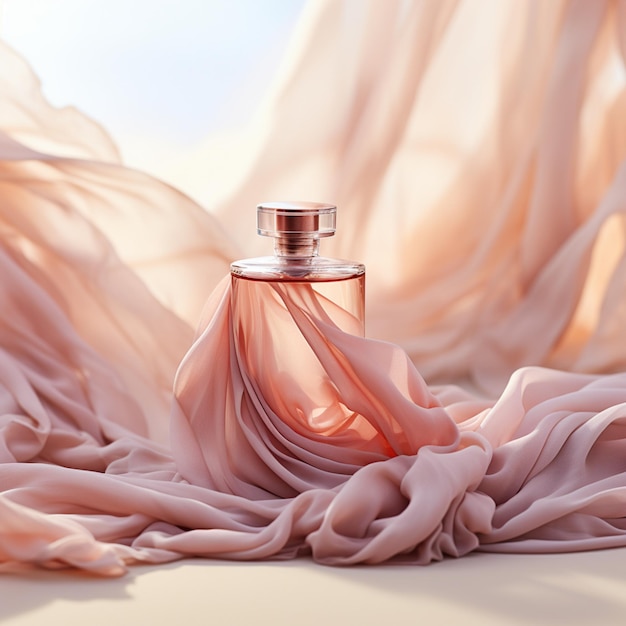 Product mockup for bottle of perfume on flowing abstract delicate cloth background Cosmetic mockup