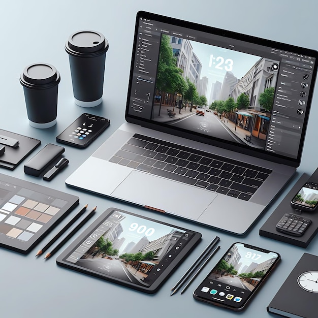 Product mockup illustration for desktop laptop smartphone and tablet