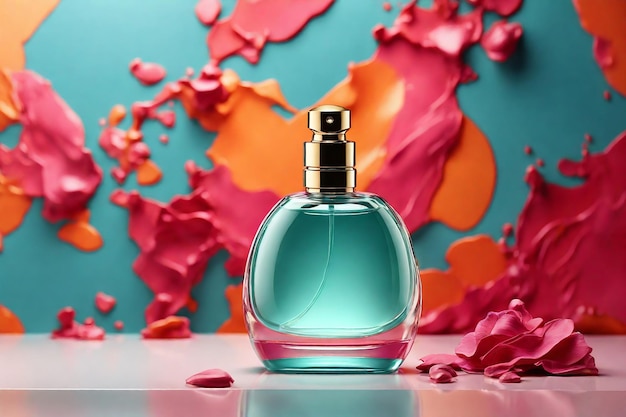 Product mockup for perfume bottle on bright abstract background Cosmetic background mockup