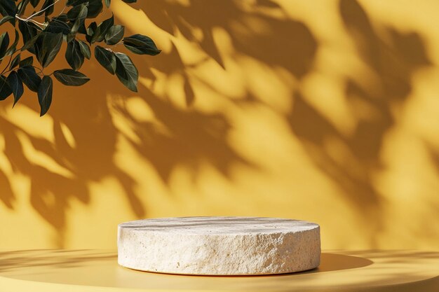 a product mockup podium with a shadow of a palm tree yellow background