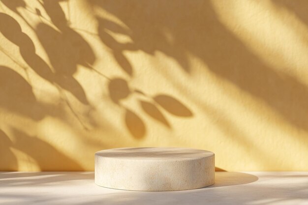 a product mockup podium with a shadow of a palm tree yellow background