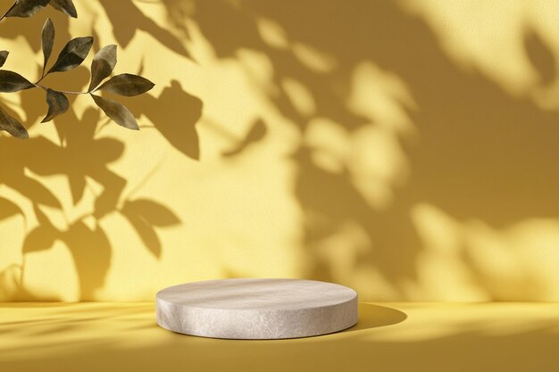 a product mockup podium with a shadow of a palm tree yellow background