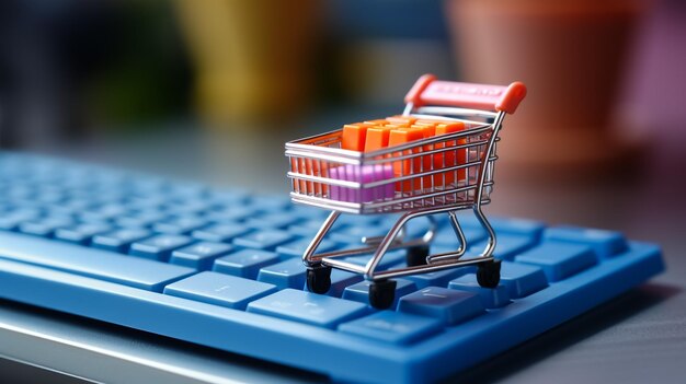 Product package boxes in cart with shopping bag and laptop computer with blurred web store shop on s