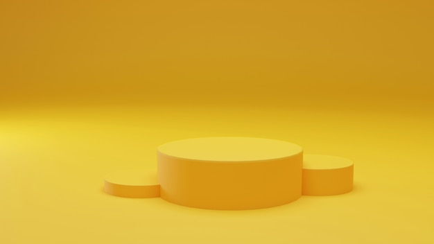 Product Pedestal, ,yellow Cylinder Shape on yellow background. 3D Rendering