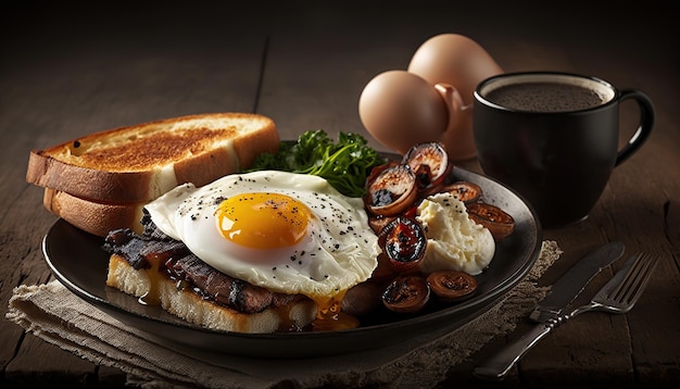 A product photo of fried eggs and bacon and hash browns and black pudding and mushrooms and toast Generative AI