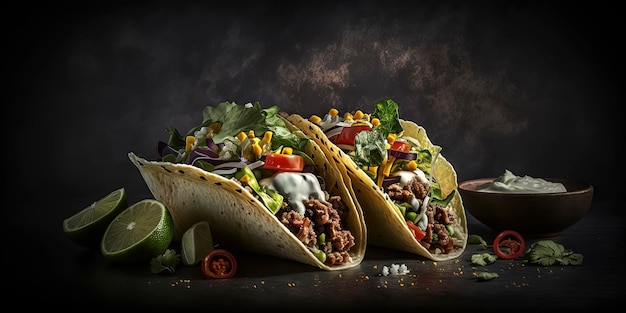 Product photo of Most delicious mexican tacos in dark background restaurant background