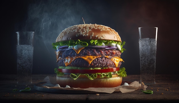 Product photo Realistic cinematic light most delicious huge burger dark background generative ai