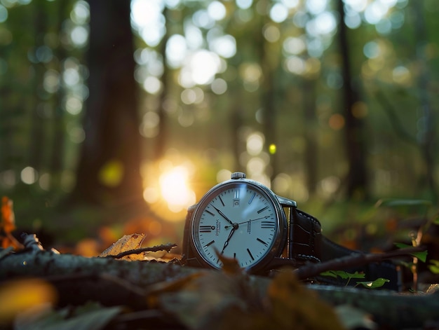 product photograph of a wristwatch in a forest