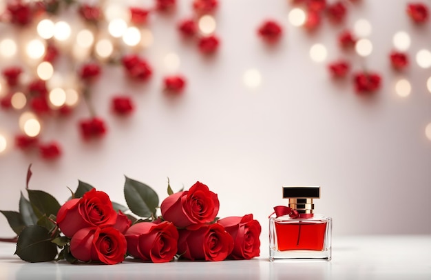 Product photography blank parfume bottle with red roses isolated on clean background