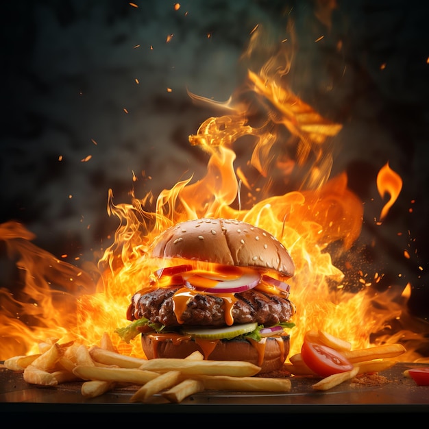 Product photography of burger burger for restaurant with fire in background