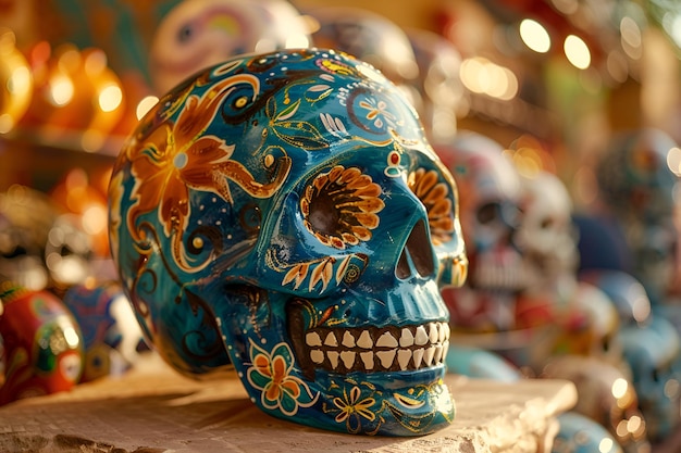 Photo product photography of colorful mexican skull decorations highlighting vibrant colors and intricate