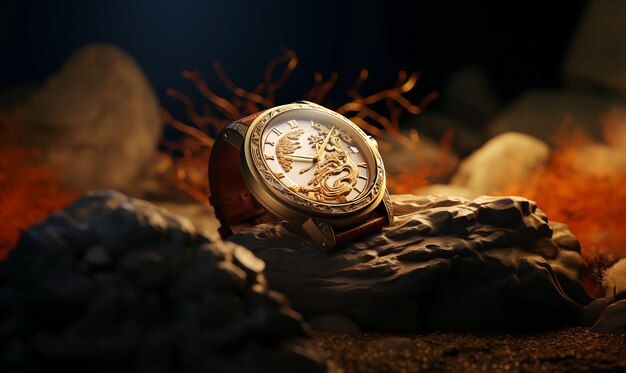 Product photography simple background watch with Chinese landscape carving style