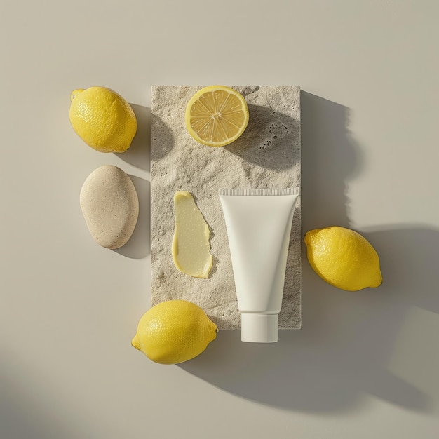 Product photography of a skin care cream in the lemon minimalist background