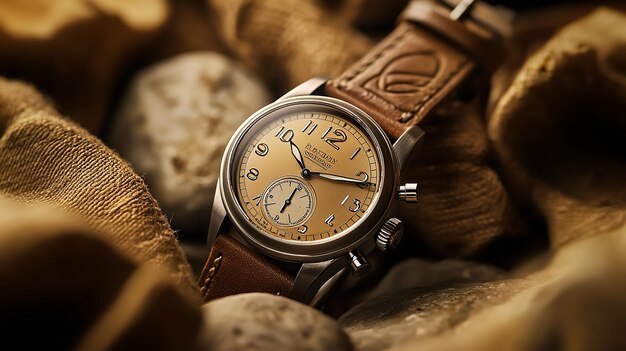 Photo product photography watch product design stone top with brown cloth background watch displayed in